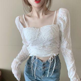 Details Drawstring Slim-fit Crop Blouse