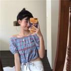 Off-shoulder Plaid Short-sleeve Crop Top