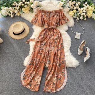 Off-shoulder Ruffle-sleeve Print Split Jumpsuit