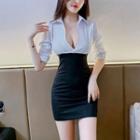 V-neck Elbow-sleeve Panel Skinny Mini Skirt