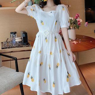 Balloon-sleeve Fruit Embroidered A-line Dress