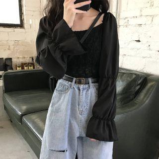 Flare-sleeve Plain Blouse Black - One Size