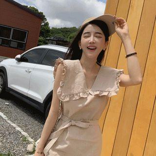 Frilled Collar Sleeveless Dress With Sash