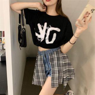 Short-sleeve Lettering T-shirt / Plaid Panel Shorts