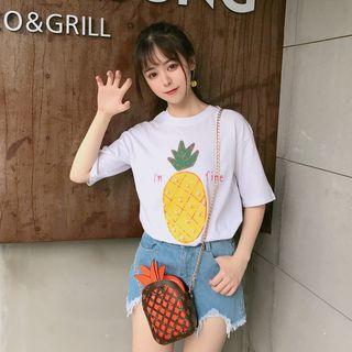 Pineapple Print Faux Pearl Elbow Sleeve T-shirt