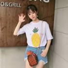 Pineapple Print Faux Pearl Elbow Sleeve T-shirt