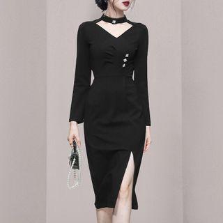 Long-sleeve Mock-neck Cutout Slit Sheath Dress