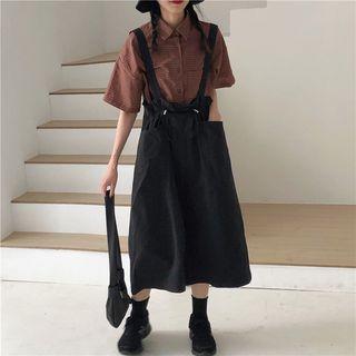 Plain Pocket Jumper Skirt + Plaid Short-sleeve Top