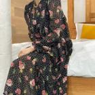 Puff-sleeve Rosette Dotted Maxi Dress Black - One Size