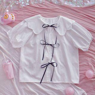 Short-sleeve Bow-front Wide Collar Shirt