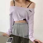 Long-sleeve Frill Trim Cropped T-shirt / Spaghetti Strap Top