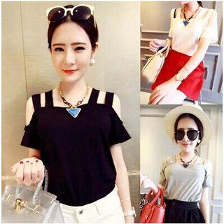 Cutout Shoulder Short Sleeve Plain T-shirt