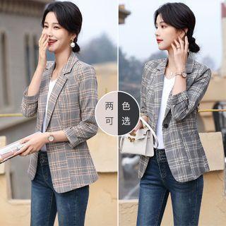 3/4-sleeve Plaid One-button Blazer