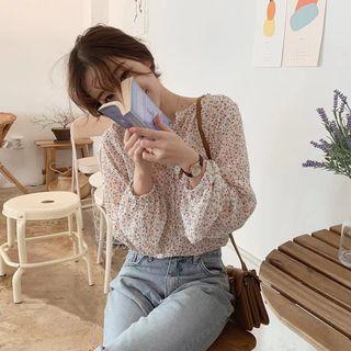 Flower Print Chiffon Blouse Shirt - Floral - Beige - One Size