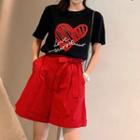 Set: Heart Print Short-sleeve T-shirt + Wide-leg Shorts