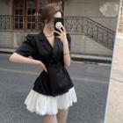 V-neck Plain Button-up Short-sleeve Blazer / Plain Fluffy  Mini Skirt