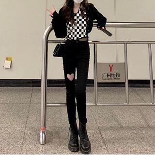 Check Camisole Top / Cut-out Straight-leg Jeans / Cardigan