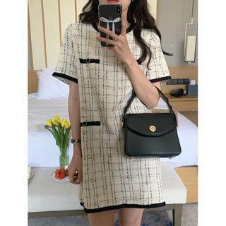Short-sleeve Plaid A-line Dress Plaid - Milky White - One Size