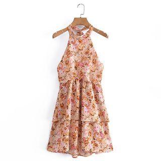 Sleeveless Halter Neck Print Mini A-line Dress