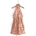 Sleeveless Halter Neck Print Mini A-line Dress