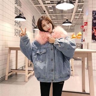 Faux Fur Trim Hooded Denim Jacket