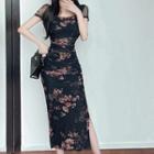 Short-sleeve Floral Print Midi Bodycon Dress