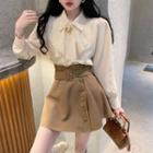 Long-sleeve Collared Blouse / High Waist Belted Mini A-line Skirt