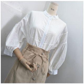 3/4-sleeve Stand Collar Plain Blouse