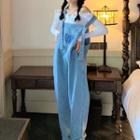 Off-shoulder T-shirt / Heart Print Denim Jumper Pants