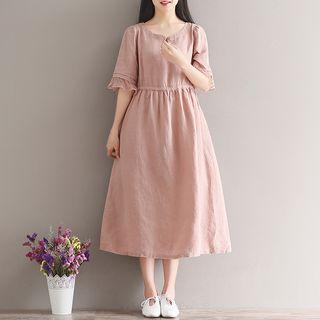 Frill Trim Elbow Sleeve Midi Dress