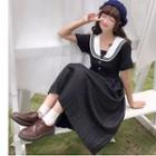 Short-sleeve Sailor Collar Midi Pleated Dress Black - One Size