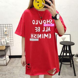 Lettering Ripped Short-sleeve Long T-shirt