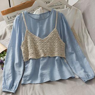 Set: Puff-sleeve Loose Top + Open-knit Vest