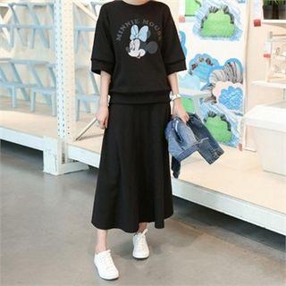 Set: Mickey Mouse Print T-shirt + Maxi Skirt