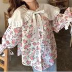 Puff-sleeve Floral Print Collared Blouse Off-white - One Size
