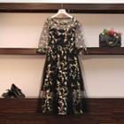 Floral Embroidered 3/4-sleeve Midi A-line Dress