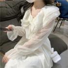 Long-sleeve Bow Accent Lace Trim Midi A-line Dress