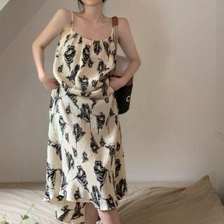 Spaghetti Strap Floral Maxi Smock Dress Floral - Black & Beige - One Size