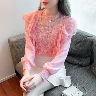 Long-sleeve Floral Applique Lace Blouse