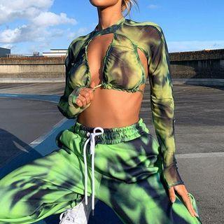 Long-sleeve Print Open-back Tie-strap Cropped T-shirt