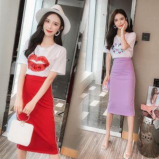 Set: Short-sleeve Lip Print T-shirt + Contrast Trim Midi Pencil Skirt