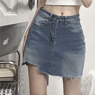 High Waist Asymmetrical Hem Denim Mini Skirt