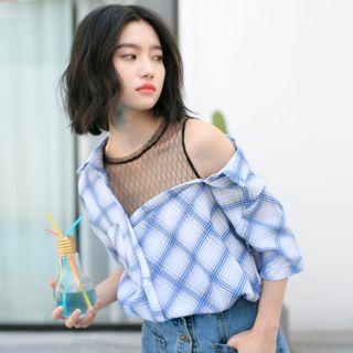 Mock Two-piece Elbow-sleeve Plaid Shirt