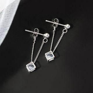925 Sterling Silver Caged Rhinestone Earring 1 Pair - Rhombus - One Size
