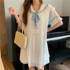 Short-sleeve Collared A-line Dress White - One Size