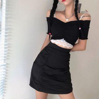 Long-sleeve Off-shoulder Plain Cropped Top / Plain High-waist Mini Skirt (various Designs)
