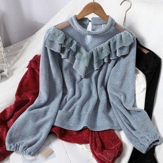 Mesh Panel Ruffle Trim Top