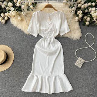 Short-sleeve V-neck Plain Mermaid Dress