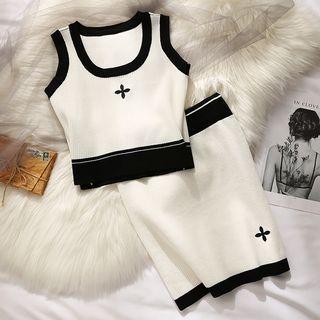 Set: Knit Crop Tank Top + Mini Pencil Skirt Set Of 2 - Tank Top & Skirt - White - One Size