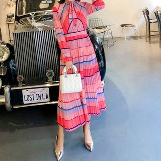 Long-sleeve Print Midi A-line Pleated Dress